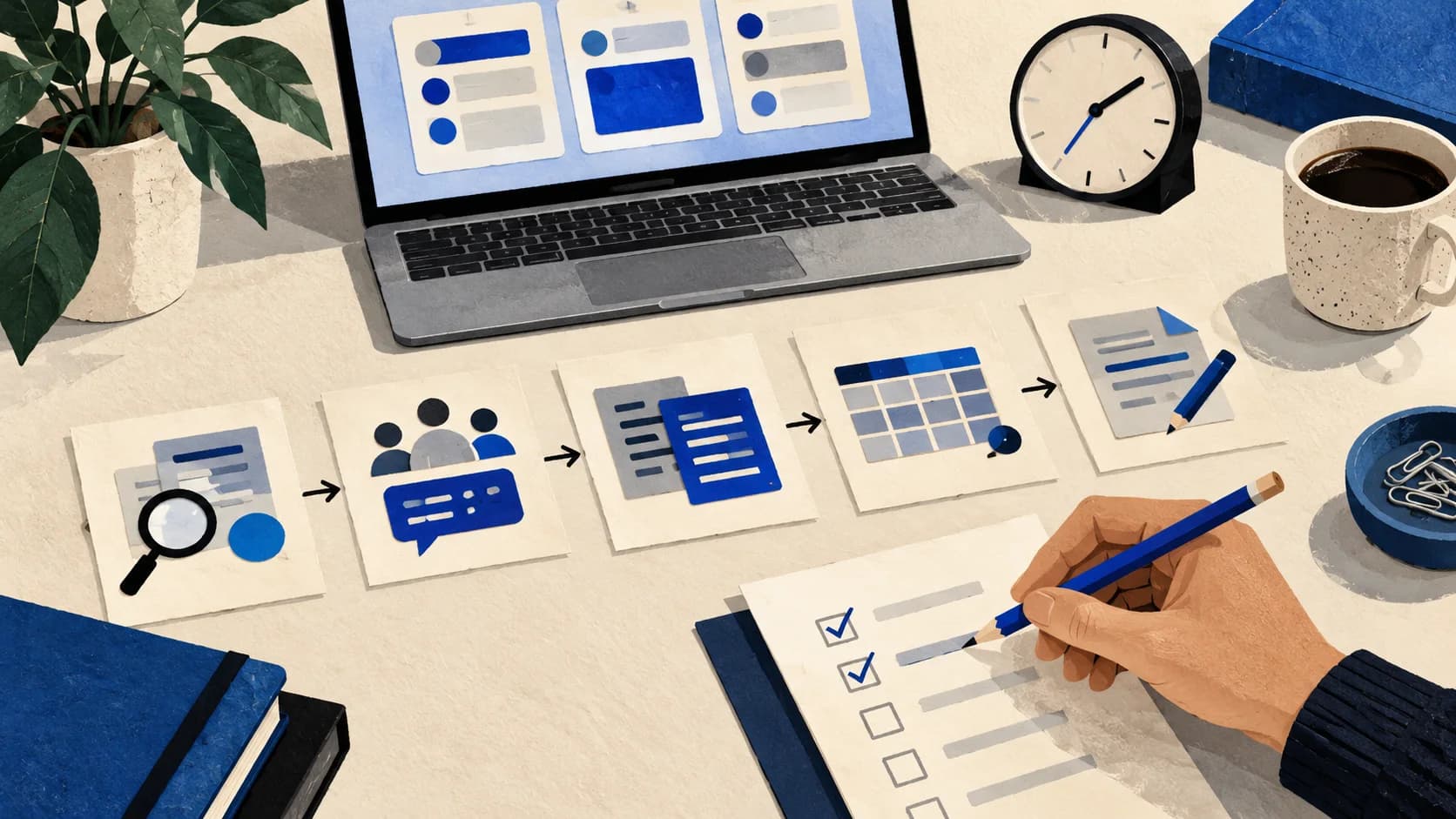 Illustration of a hand checking a task list beside a laptop, clock, and five cards representing everyday work tasks.